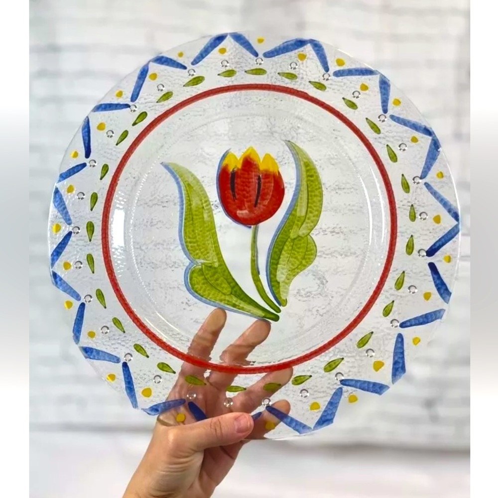 HAND PAINTED TULIP FLOWER ART GLASS‎ Large PLATE Serving Platter Scandinavian